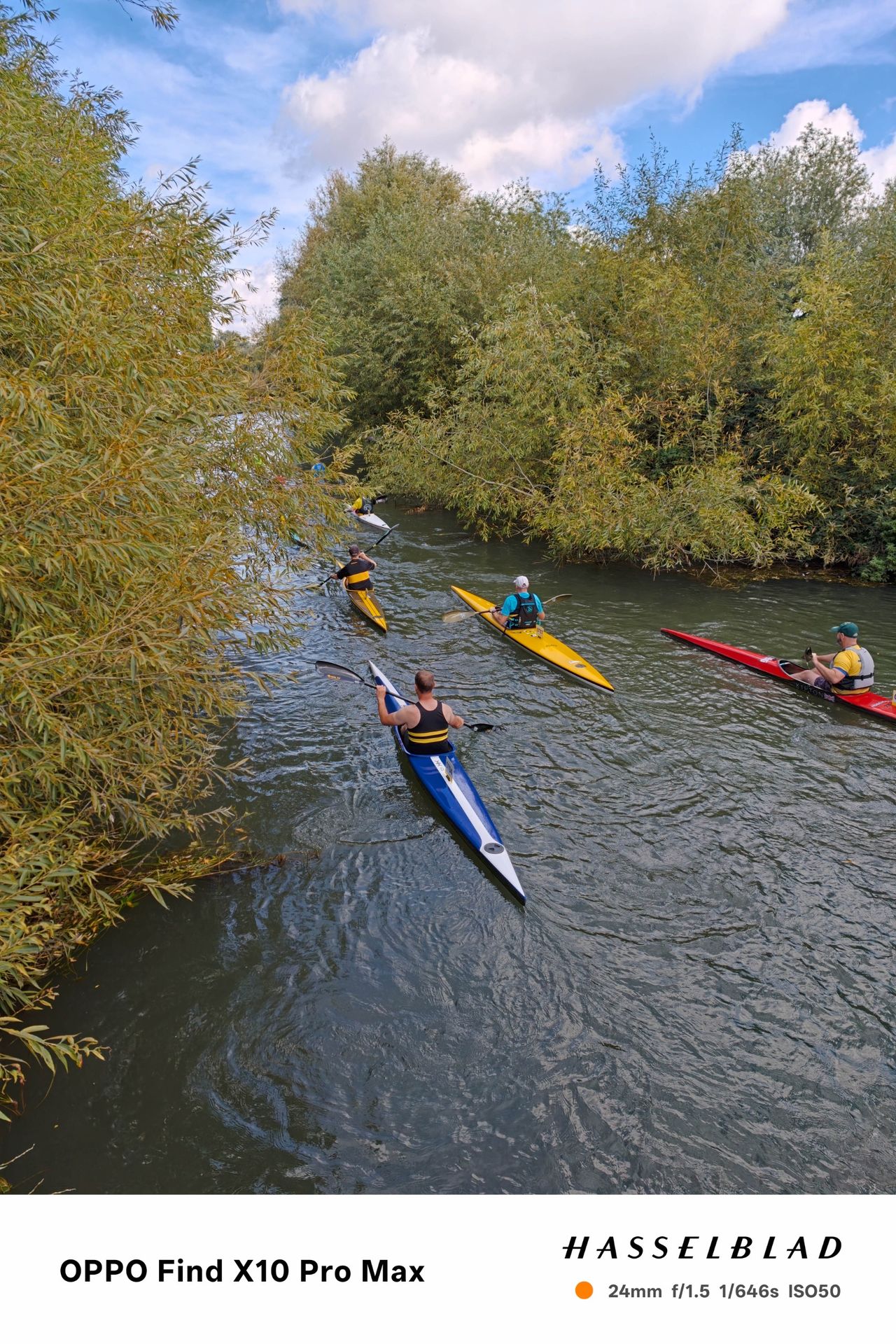 Kayakers paddling along a tree-lined river under a blue sky.