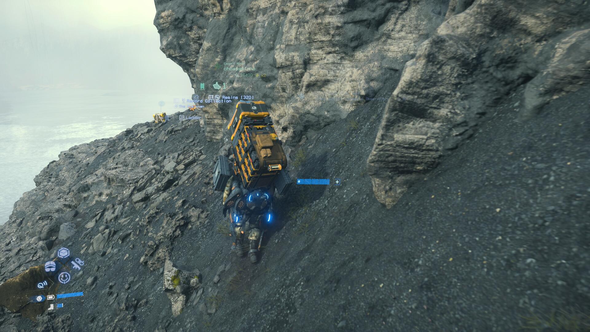 Sam balances along a steep slope in Death Stranding 2: On the Beach