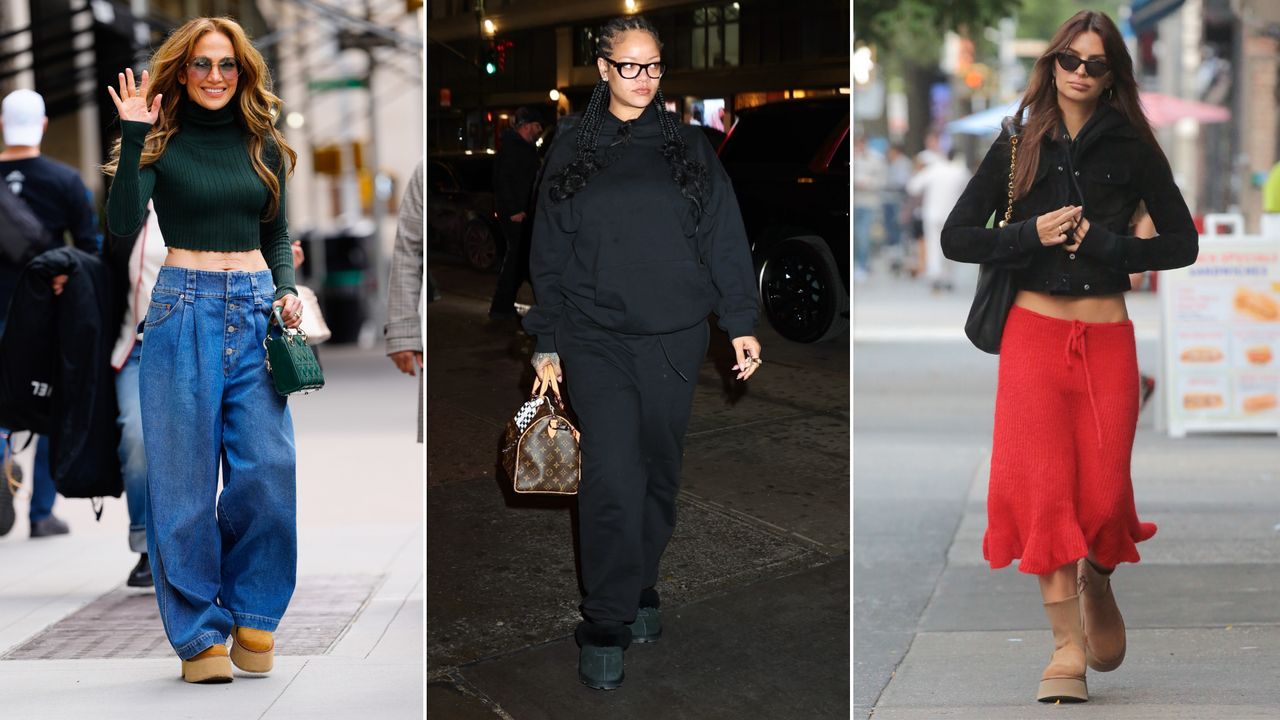 Split image of jennifer lopez, rihanna, and emily ratajkowski wearing ugg boots and slippes 