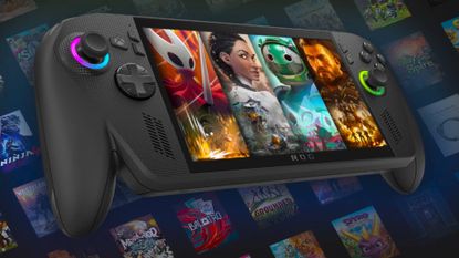 Asus ROG Xbox Ally X handheld in black with game art on screen and box art in backdrop.