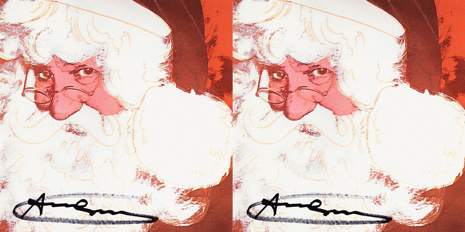 A diptych of two images made by Andy Warhol of Santa Claus