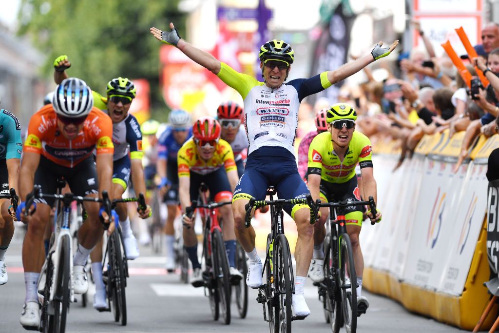 CHAPELLELEZHERLAIMONT BELGIUM JULY 27 Jan Bakelants of Belgium and Team Intermarch Wanty Gobert Matriaux celebrates winning during the 43rd Ethias Tour de Wallonie 2022 Stage 5 a 2148km stage from Le Roeulx to ChapellelezHerlaimont ethiastourdewallonie22 on July 27 2022 in ChapellelezHerlaimont Belgium Photo by Luc ClaessenGetty Images