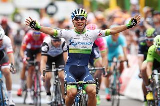 Caleb Ewan celebrates his stage 1 win at the Tour Down Under