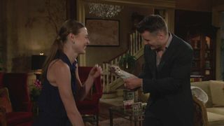 Hayley Erin and Michael Mealor as Claire and Kyle laughing in The Young and the Restless