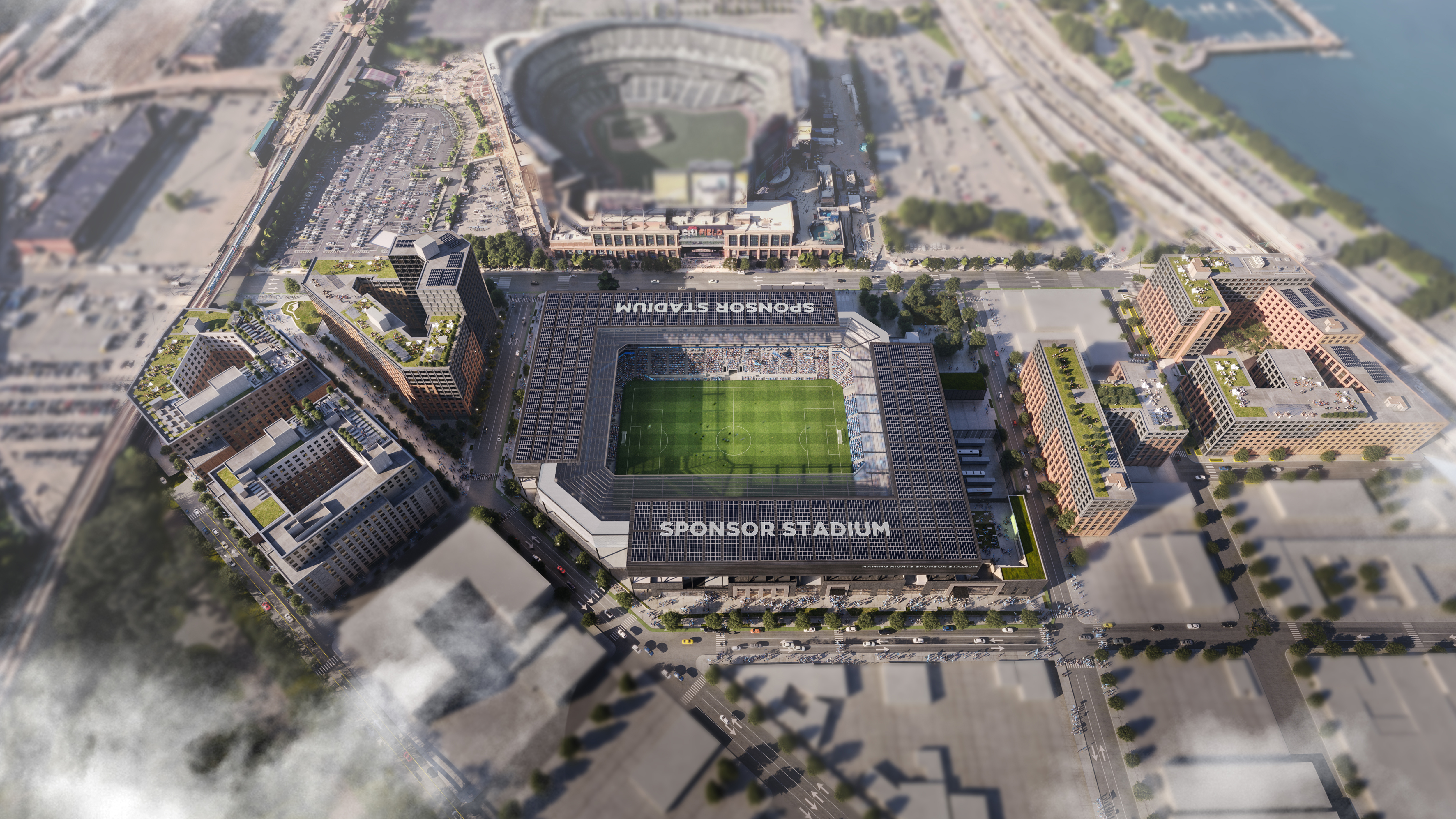 A CGI aerial shot of New York City FC's new stadium during the day