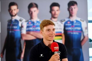 CALPE SPAIN JANUARY 10 Remco Evenepoel of Belgium speaks to the media press during the QuickStep Alpha Vinyl Team 2022 Media Day on January 10 2022 in Calpe Spain Photo by Tim de WaeleGetty Images