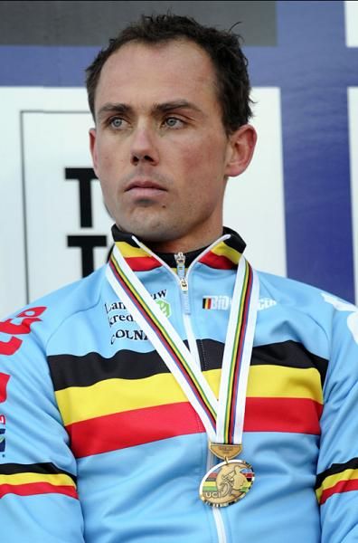 Sven Nys looking somber on the podium. He said his season wouldn't be ruined by losing, but it's got to hurt...