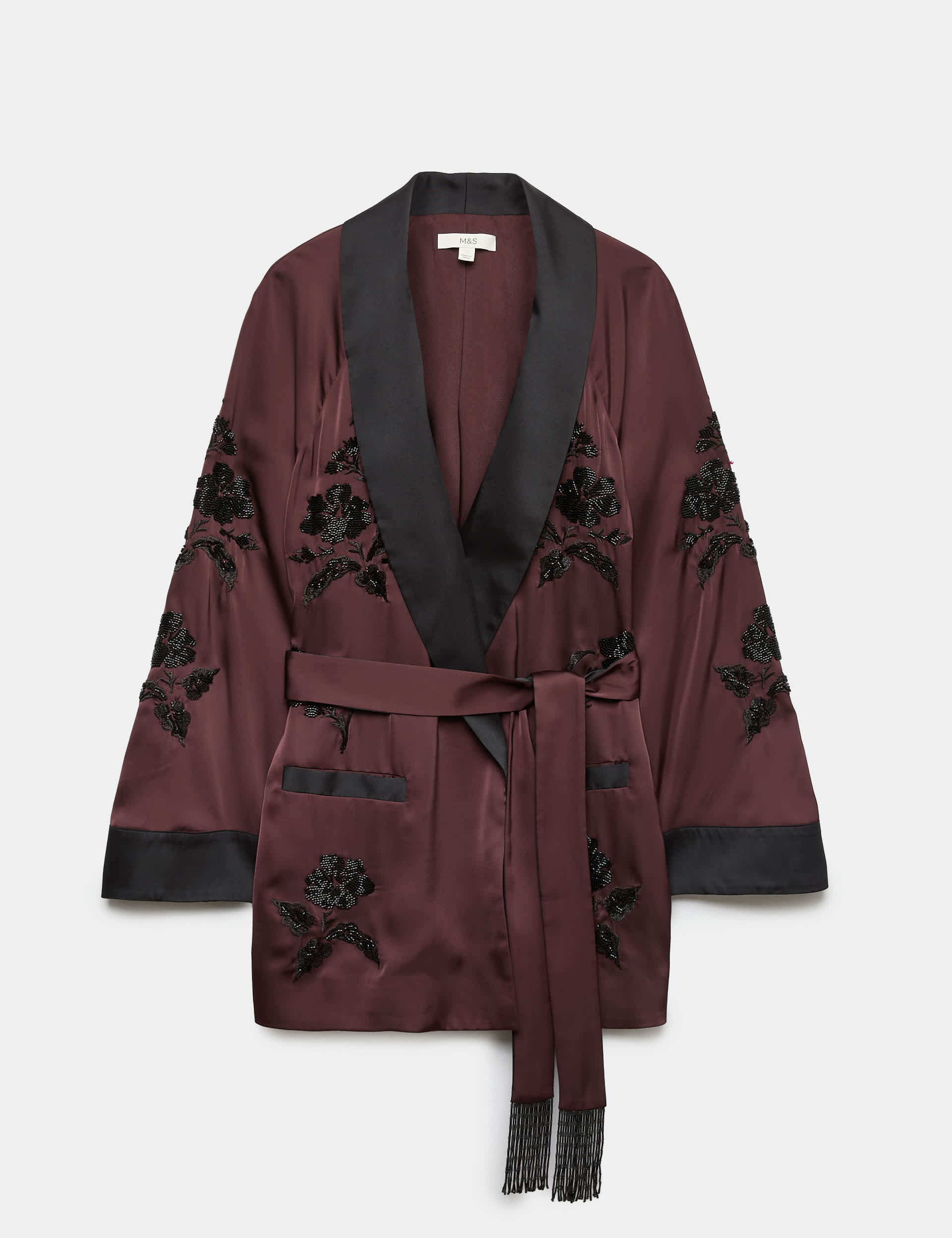 Embellished Shawl Collar Satin Kimono Jacket