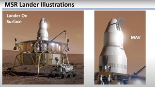 illustration of a large lander with an attached rocket on its deck, sitting next to a rover on the red dirt of mars