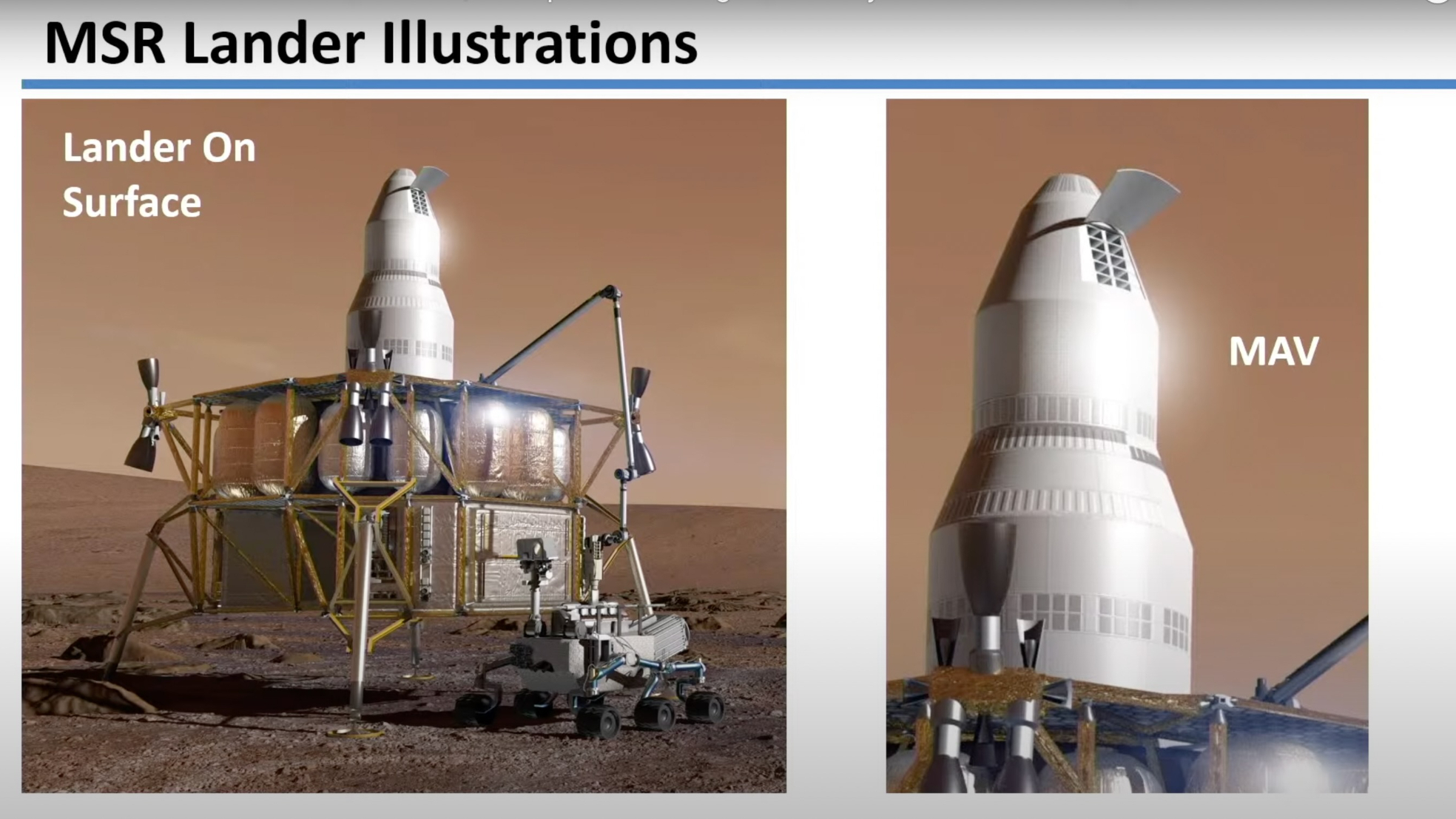 illustration of a large lander with an attached rocket on its deck, sitting next to a rover on the red dirt of mars