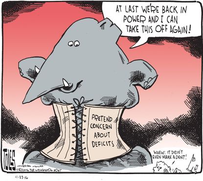 Political cartoon U.S. Republican no concern for deficit