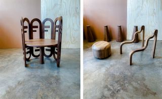 Two side-by-side photos showing the wooden ‘Maduo’ chair and a wooden stool next to some armrests for the Fendi Mabeo collaboration