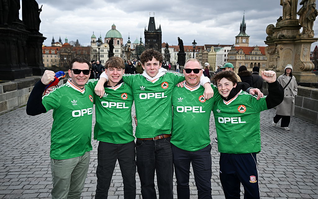 Republic of Ireland supporters, from left, Lenny McCarthy, Hugo McCarthy, both from Douglas, Cork, Joseph McCarthy, Trevor McCarthy, and Eddie McCarthy, all from Palmerstown, Dublin, on the Charles Bridge in Prague, before the FIFA World Cup 2026 European Qualifiers play-off semi-final match between Czechia and Republic of Ireland at Fortuna Arena in Prague, Czechia.