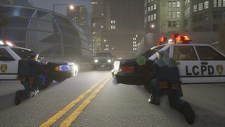 Police take cover behind cars in GTA 3.