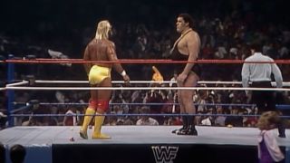 Hulk Hogan and Andre the Giant at the start of their WrestleMania 3 match.