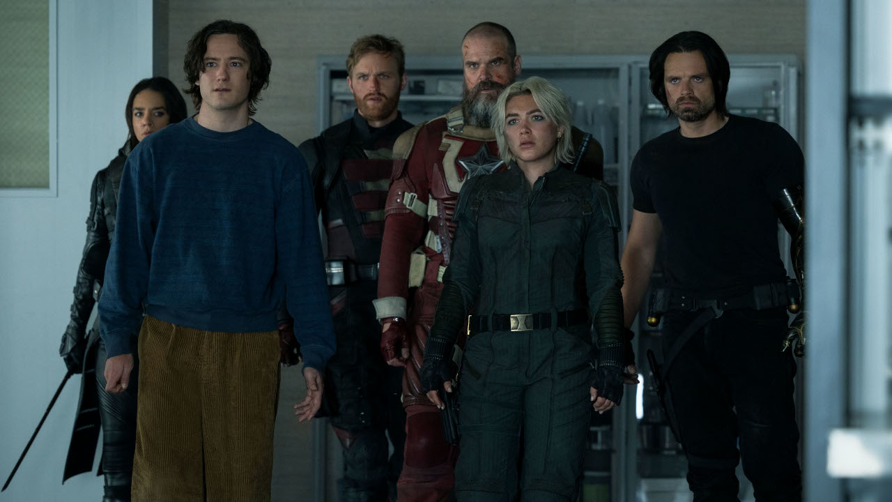 Ghost (Hannah John-Kamen), Bob (Lewis Pullman), John Walker (Wyatt Russell), Alexei Shostakov/Red Guardian (David Harbour), Yelena Belova (Florence Pugh) and Bucky Barnes (Sebastian Stan)in Marvel Studios&#039; THUNDERBOLTS*. 
