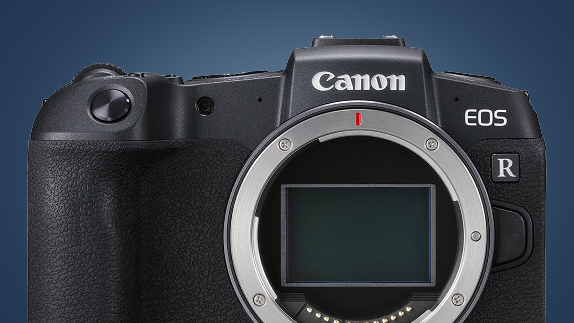 The Canon EOS RP without a lens on a blue background