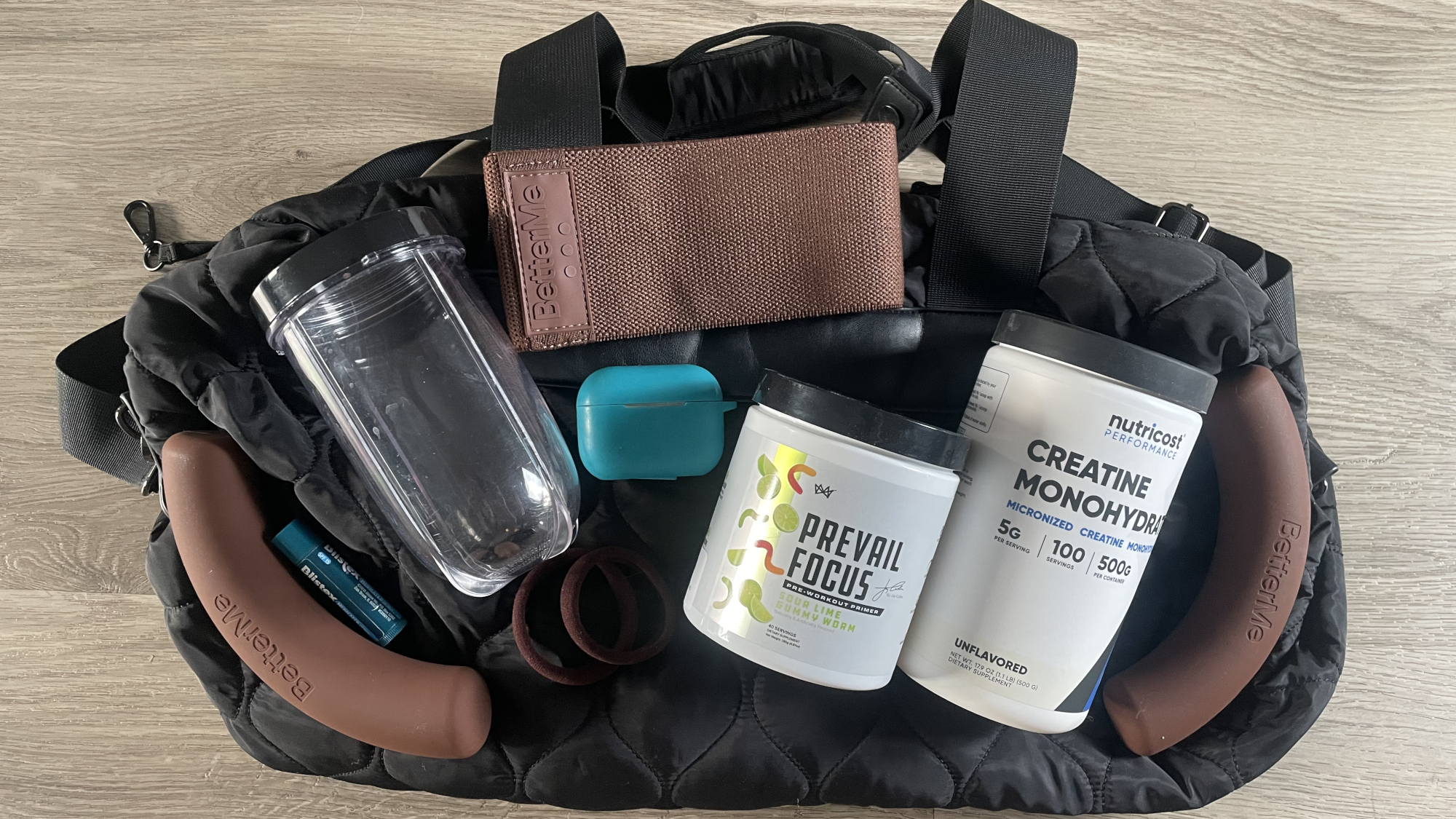 Bag and assorted items on wooden table