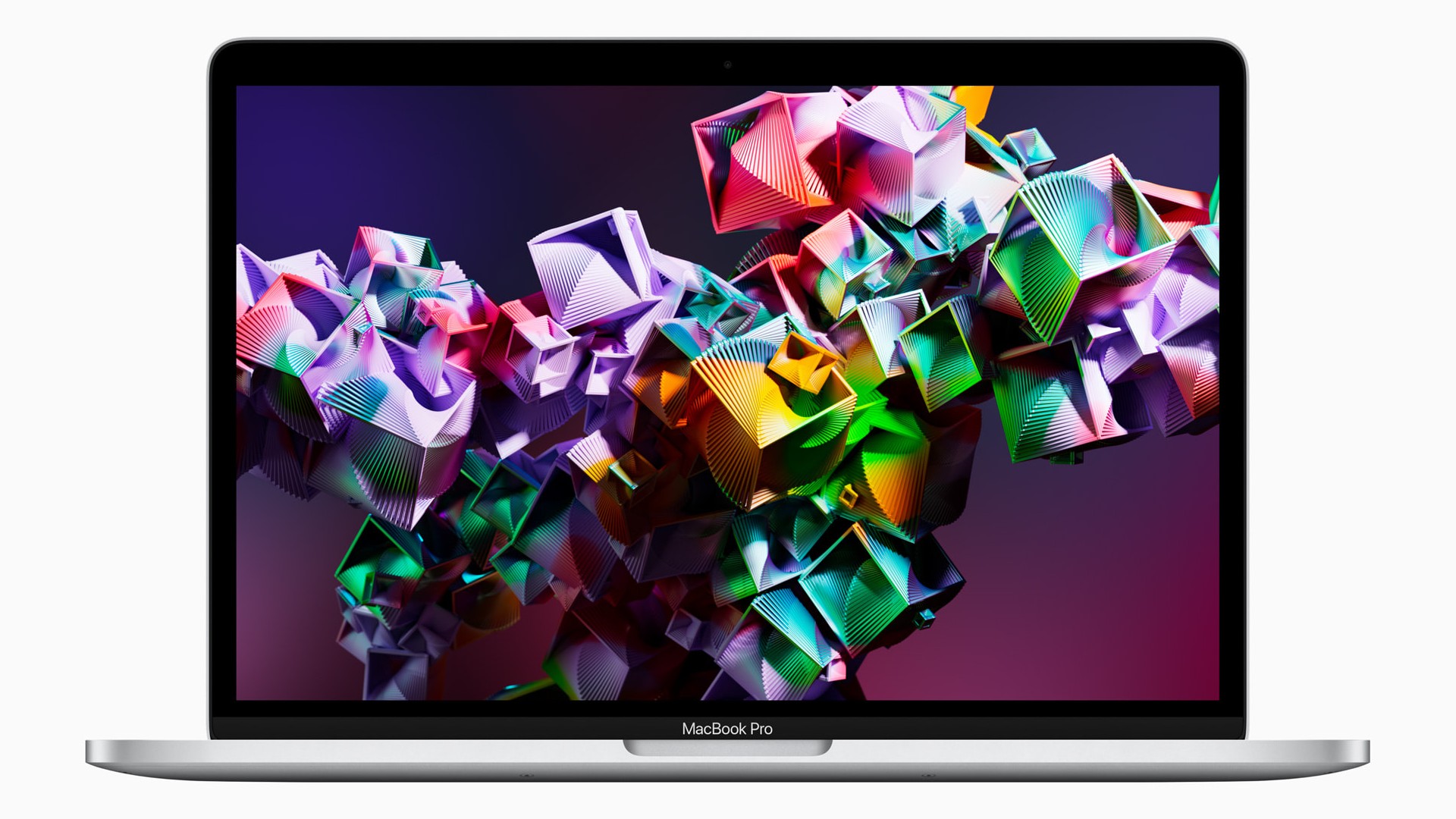 Продуктова снимка на 13-инчовия Macbook Pro 2022, показваща абстрактни графики на екрана