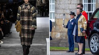 Composite of a Fendi coat at Milan Fashion Week 2024 and Princess Anne wearing a similar coat in 2023
