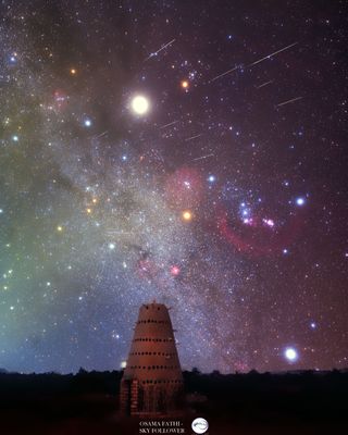 a colorful starry sky with streaks of geminid meteors radiating from the constellation gemini. Jupiter is extremely bright at the top of the image.