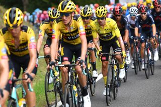 CANTAL FRANCE SEPTEMBER 11 Wout Van Aert of Belgium and Team Jumbo Visma Primoz Roglic of Slovenia and Team Jumbo Visma Yellow Leader Jersey Peloton during the 107th Tour de France 2020 Stage 13 a 1915km stage from ChtelGuyon to Pas de PeyrolLe Puy Mary Cantal 1589m TDF2020 LeTour on September 11 2020 in Cantal France Photo by Tim de WaeleGetty Images