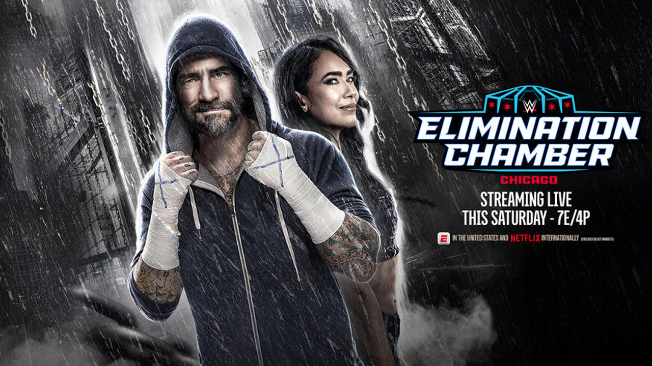 CM Punk and AJ Lee star on the poster for WWE Elimination Chamber 2026