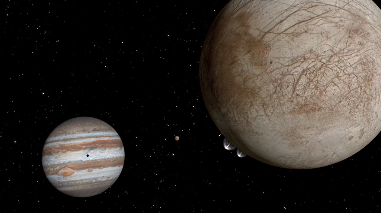 An artist&#039;s concept of water plumes erupting from the icy surface of Jupiter&#039;s moon Europa.