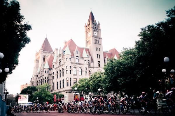 The race makes its way past some of the historic buildings of St. Paul.