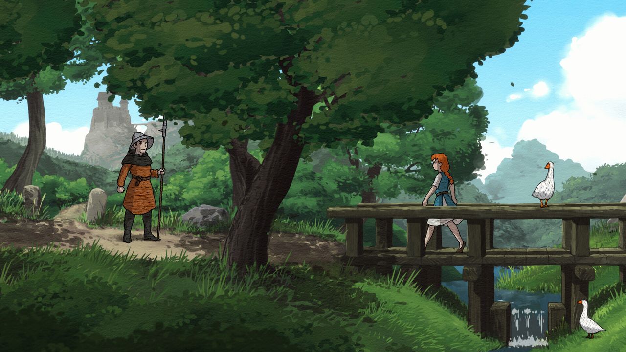 Young woman crossing bridge in wooded area