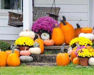 colorful fall containers and pumpkins on porch