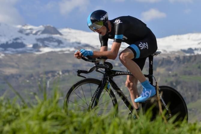 Chris Froome (Sky) en route to victory in the Tour de Romandie prologue time trial.
