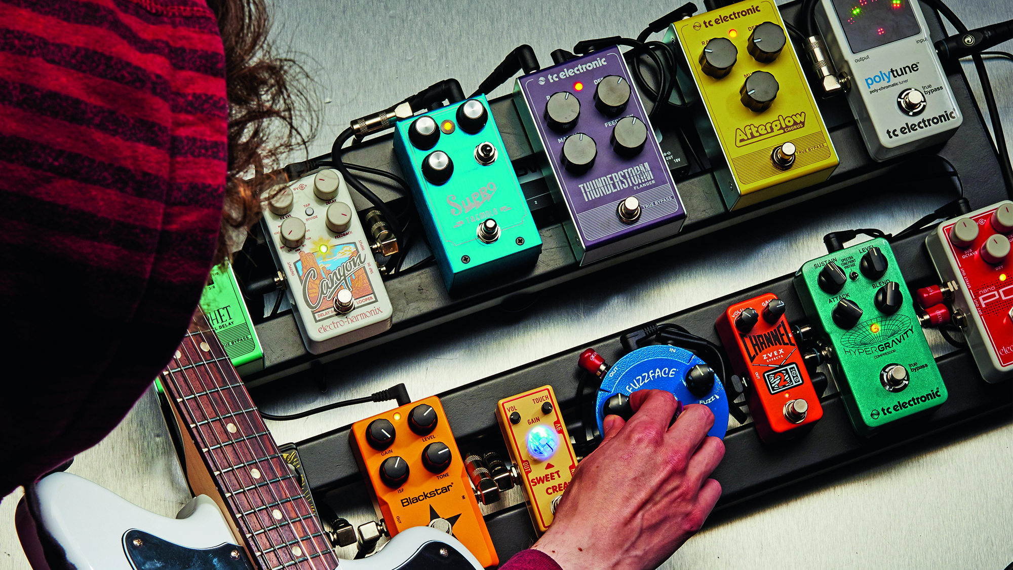 Portrait of a guitarist alongside a pedal board and numbers guitar effects pedals, taken on May 15, 2017. 
