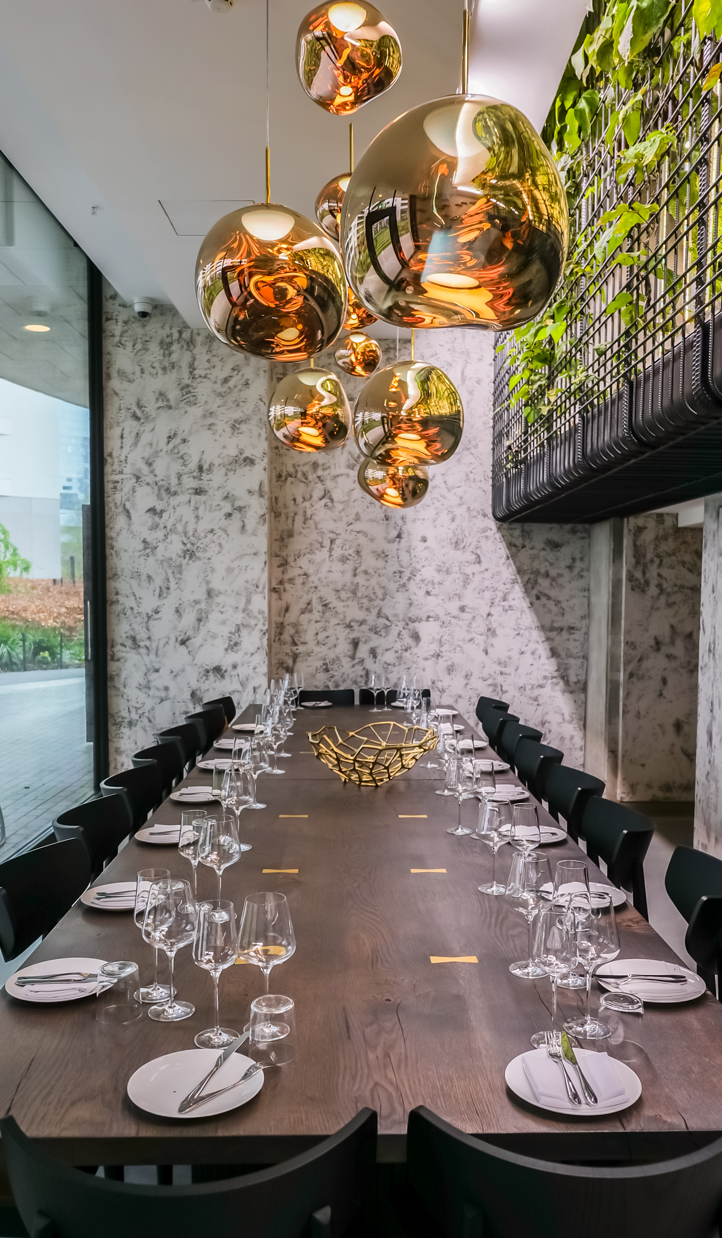 Private dining room with a gold lamp