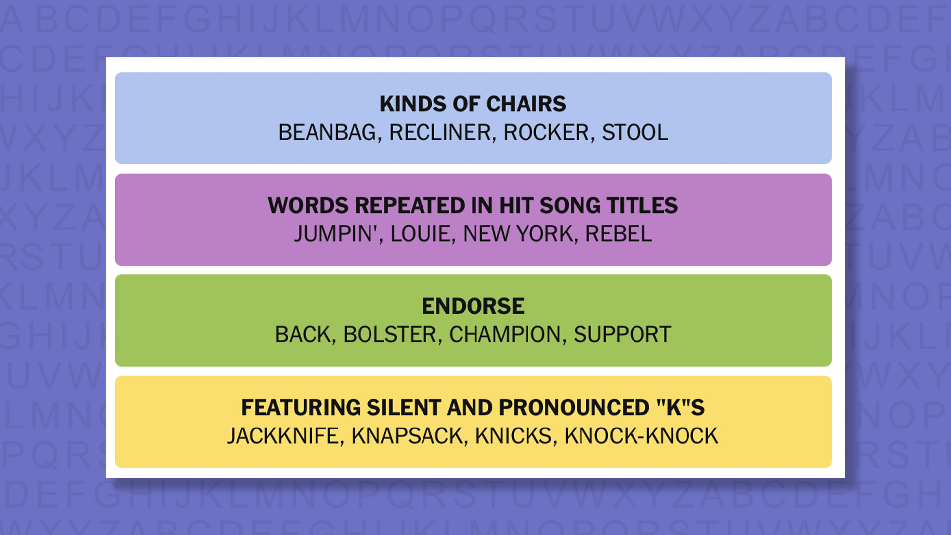 NYT Connections answers for game 1105 on a purple background