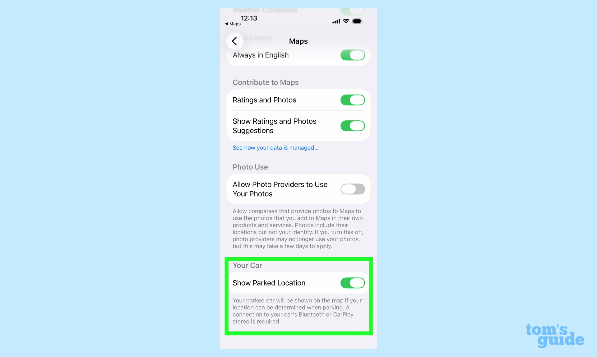 Maps setting to remember where you parked your car