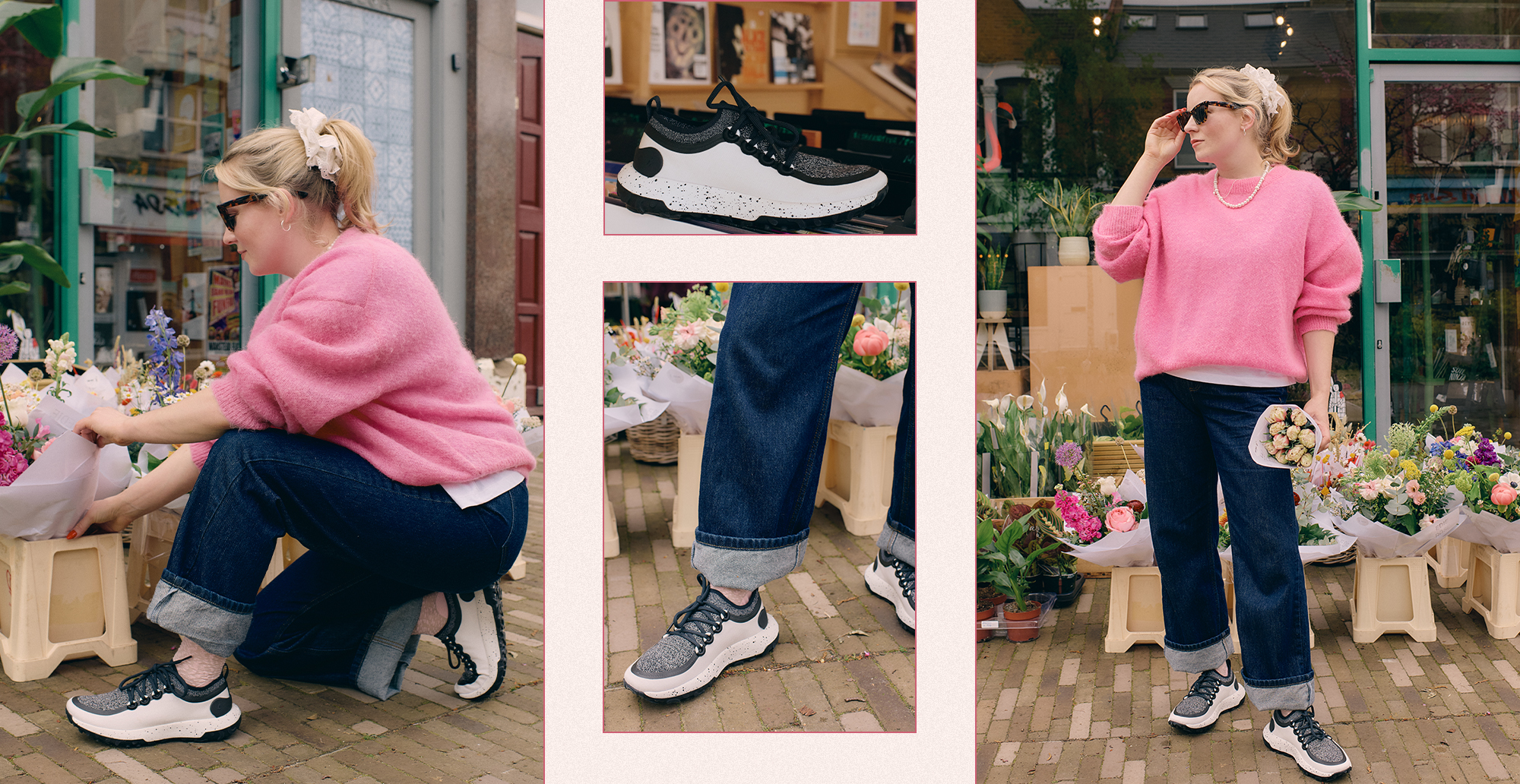 Editor with Allbirds sneakers in flower shop