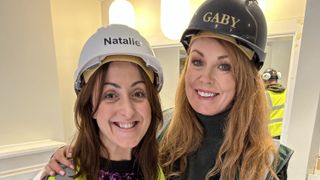Natalie Cassidy and Gaby Blackman in hard hats on site in DIY SOS: EastEnders.