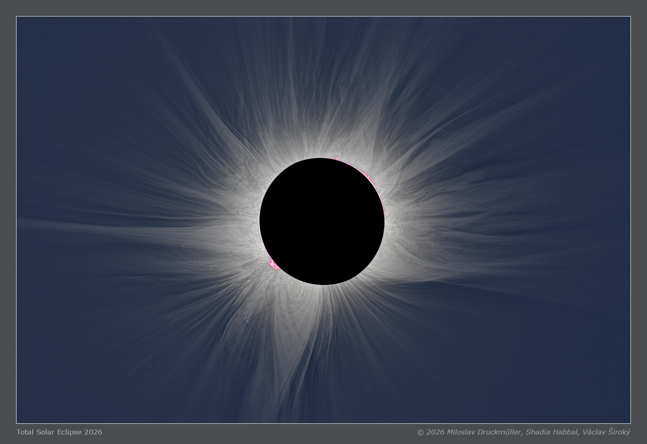 visão de perto de um eclipse solar total mostrando grandes serpentinas brancas saindo do sol, esta é a coroa solar.