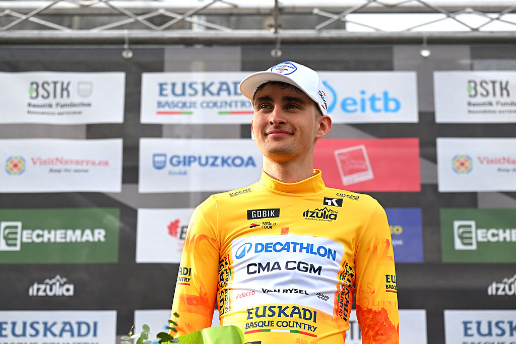 CUEVAS DE MENDUKILO, SPAIN - APRIL 07: Paul Seixas of France and Team Decathlon CMA CGM celebrates at podium as Yellow Leader Jersey winner during the 65th Itzulia Basque Country 2026, Stage 2 a 164.1km stage from Pamplona-Iruna to Cuevas de Mendukilo 757m / #UCIWT / on April 07, 2026 in Cuevas de Mendukilo, Spain. (Photo by Tim de Waele/Getty Images)