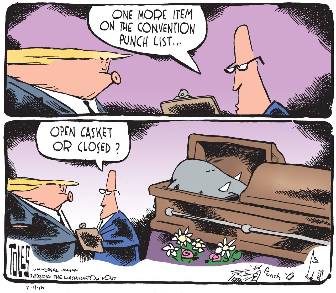 Political cartoon Donald Trump convention GOP casket