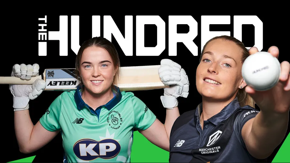 The Hundred live stream 2021: two professional female cricketers pose with bat, gloves and white cricket ball