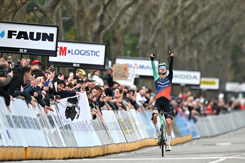 GUILHERAND-GRANGES, FRANCE - FEBRUARY 28: Paul Seixas of France and Team Decathlon CMA CGM celebrates at finish line as race winner during the 26th Faun-Ardeche Classic 2026 a 187.6km one day race from Guilherand-Granges to Guilherand-Granges on February 28, 2026 in Guilherand-Granges, France. (Photo by Billy Ceusters/Getty Images)