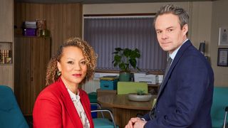 Kim Campbell (Angela Griffin) and Andrew Treneman (Jamie Glover) photographed together for Waterloo Road series 12