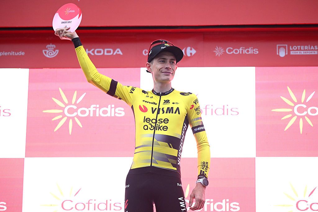 LIMONE PIEMONTE, ITALY - AUGUST 24: Jonas Vingegaard of Denmark and Team Visma | Lease a Bike celebrates at podium as stage winner during the La Vuelta - 80th Tour of Spain 2025, Stage 2 a 159.5km stage from Alba to Limone Piemonte 1389m / #UCIWT / on August 24, 2025 in Limone Piemonte, Italy.