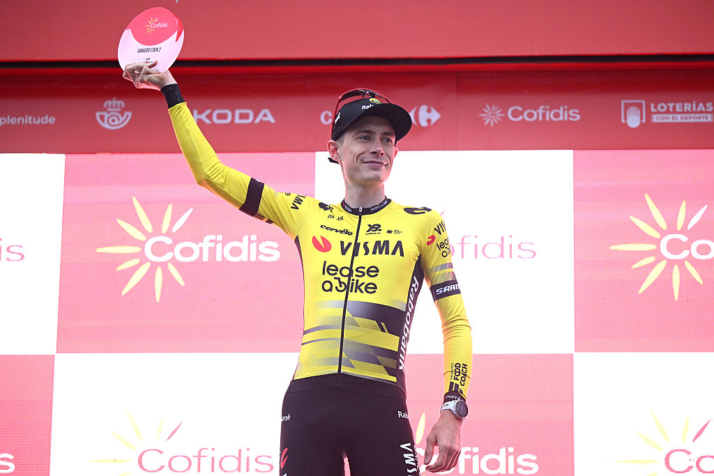 LIMONE PIEMONTE, ITALY - AUGUST 24: Jonas Vingegaard of Denmark and Team Visma | Lease a Bike celebrates at podium as stage winner during the La Vuelta - 80th Tour of Spain 2025, Stage 2 a 159.5km stage from Alba to Limone Piemonte 1389m / #UCIWT / on August 24, 2025 in Limone Piemonte, Italy.