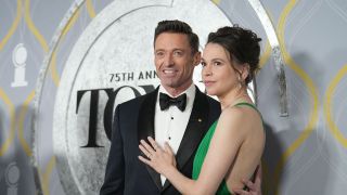 Hugh Jackman and Sutton Foster posing together at the Tony Awads 