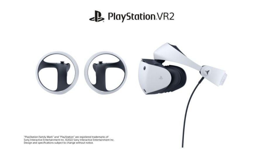 PlayStation VR2 Sony controllers and side view of VR headset.