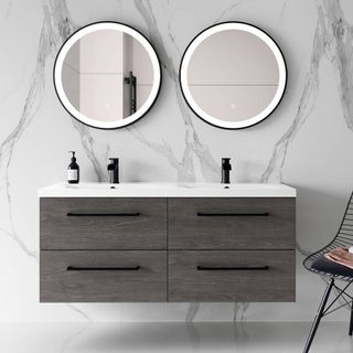 grey wood effect vanity unit with double inset basin