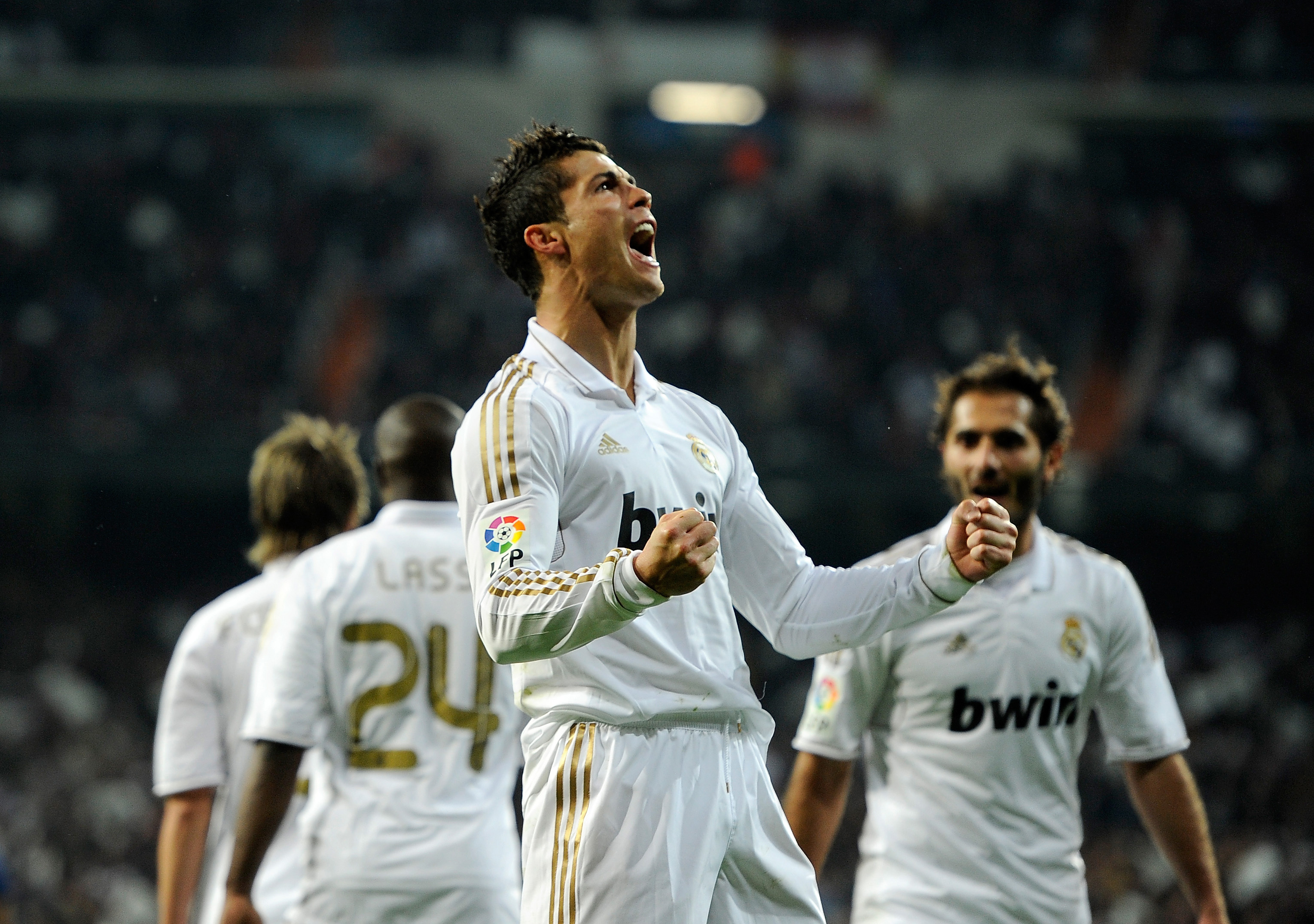 Cristiano Ronaldo celebrates after scoring for Real Madrid against Barcelona in January 2012.